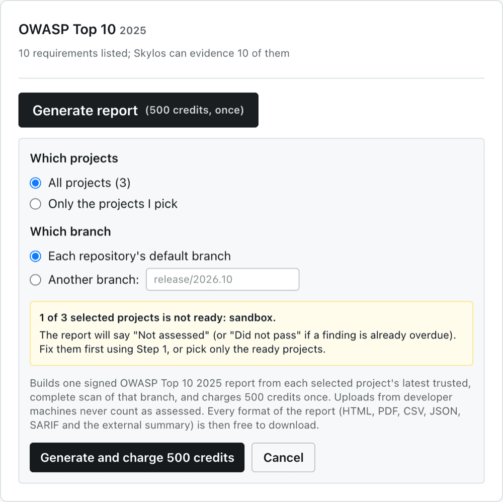The Generate panel warning that one selected project is not ready
