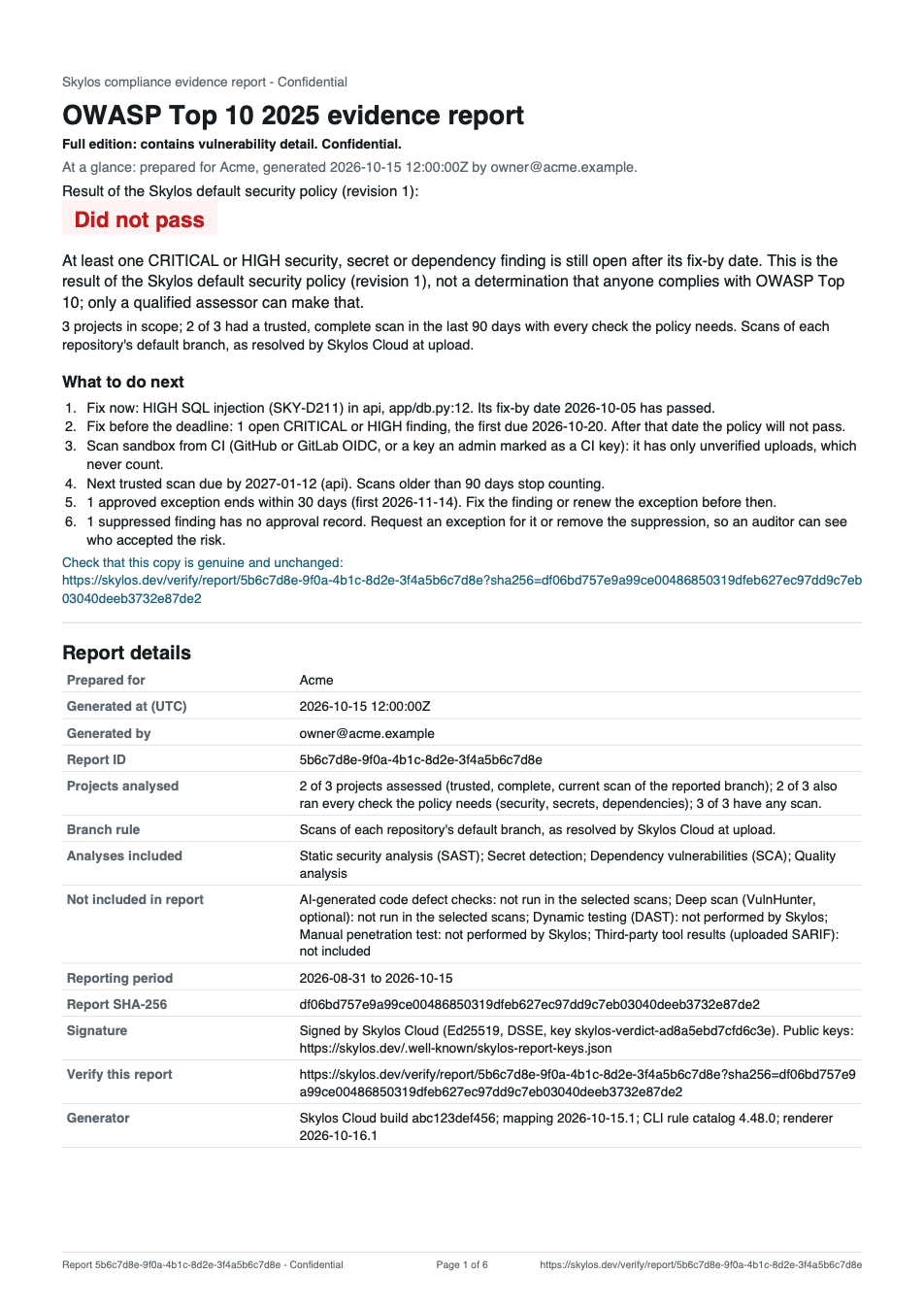 First page of a sample OWASP Top 10 report that did not pass, with action items