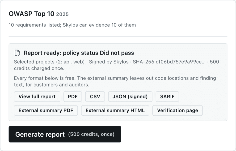Report ready card with links to every format