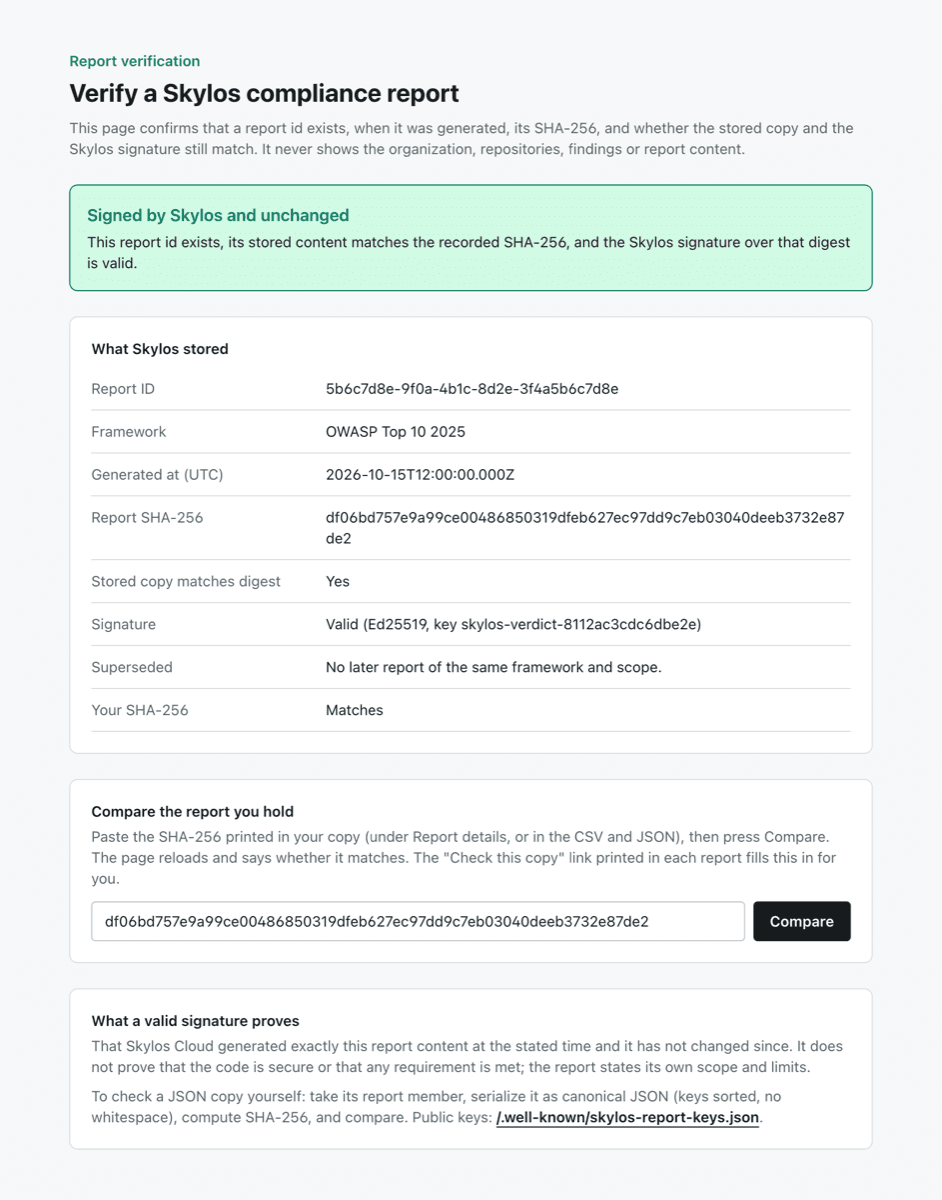 The public verification page saying Signed by Skylos and unchanged, and Your SHA-256: Matches